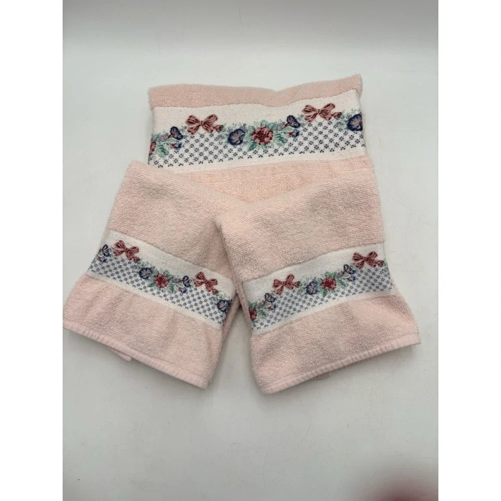 Vintage BIBB Pink Floral Ribbon Bath Towel Set USA Cottagecore Shabby Chic